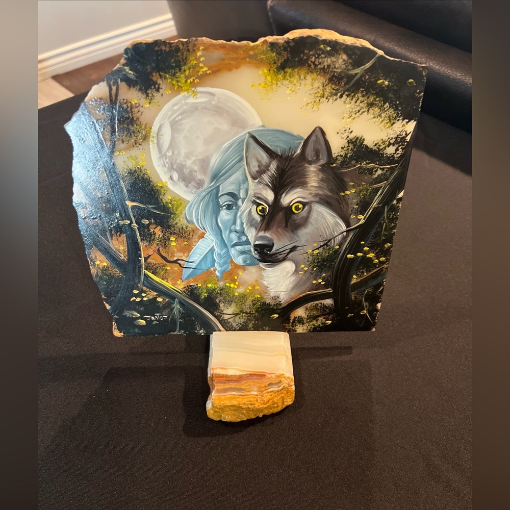 Wolf and Moon Art on Stone